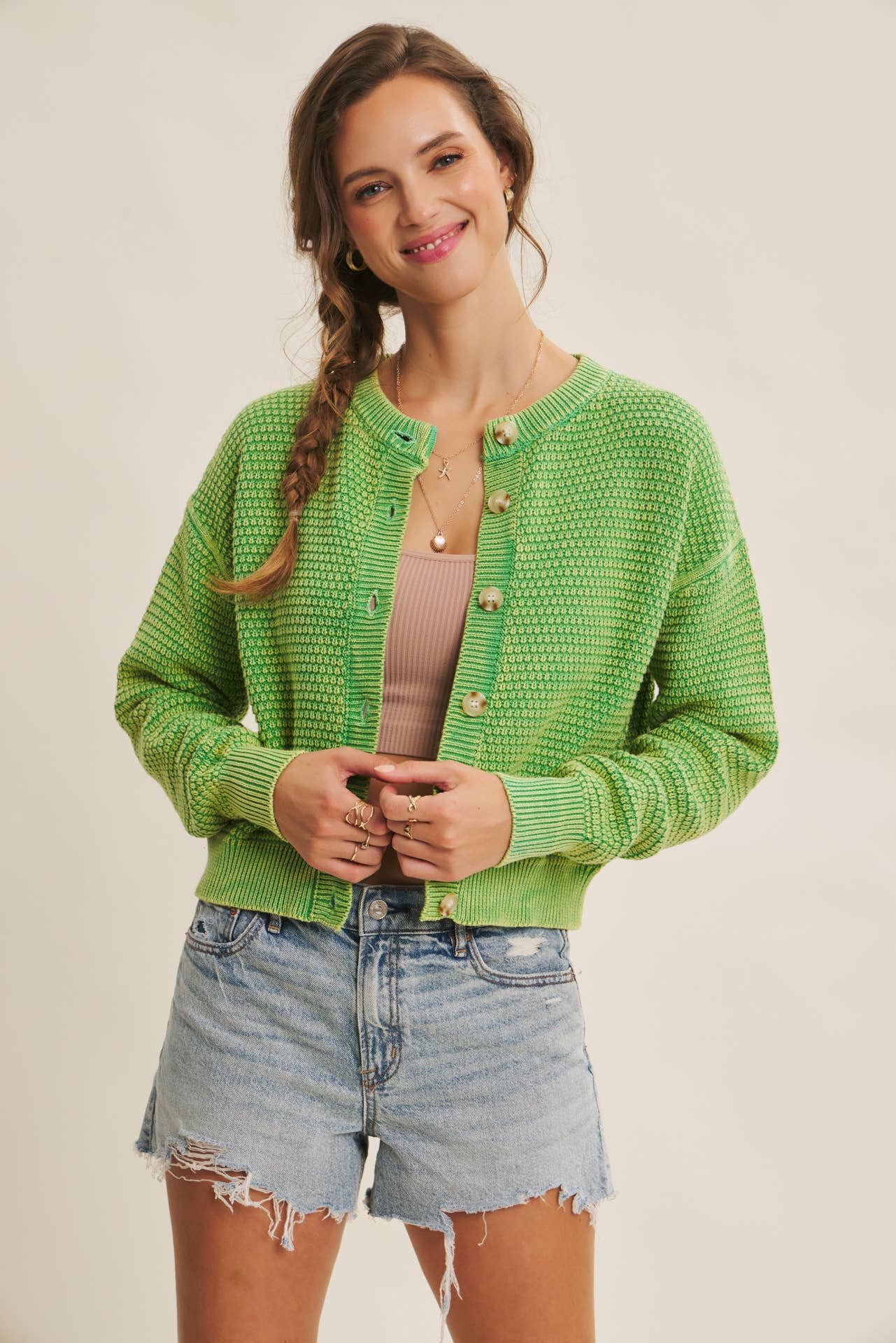 MINERAL-WASHED CABLE KNIT CARDIGAN