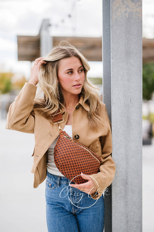 Willa Woven Bum Bag Crossbody - Brown & Tan Checkered