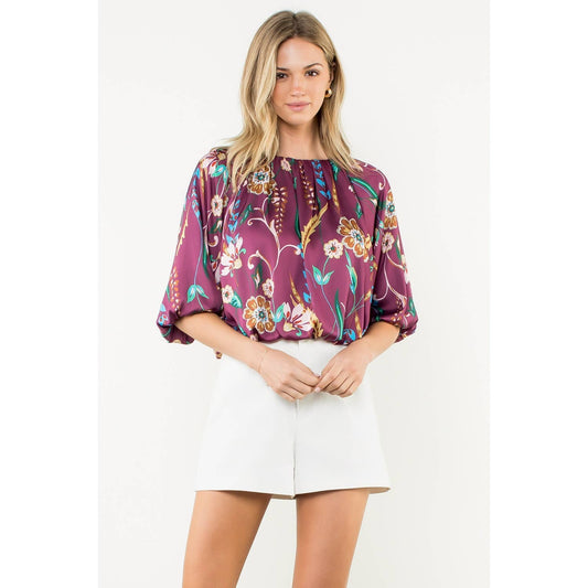 Floral Balloon Sleeve Round Neck Top