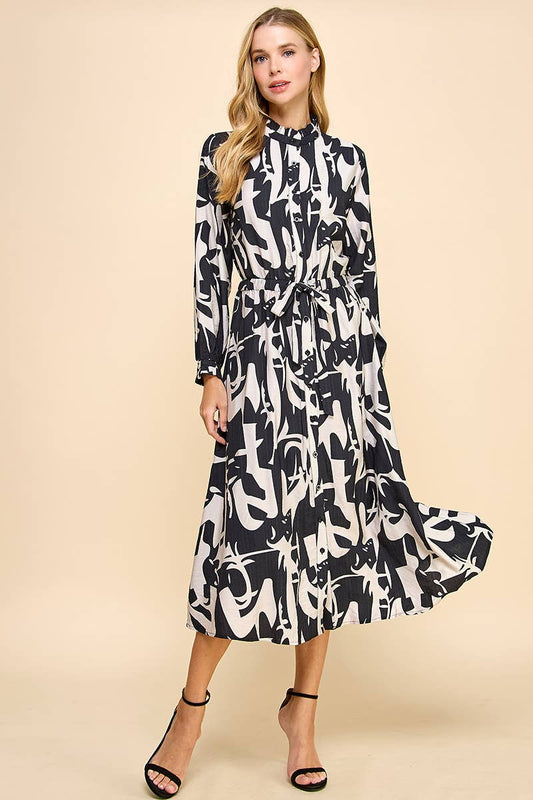 Abstract Print Button Down Midi Dress
