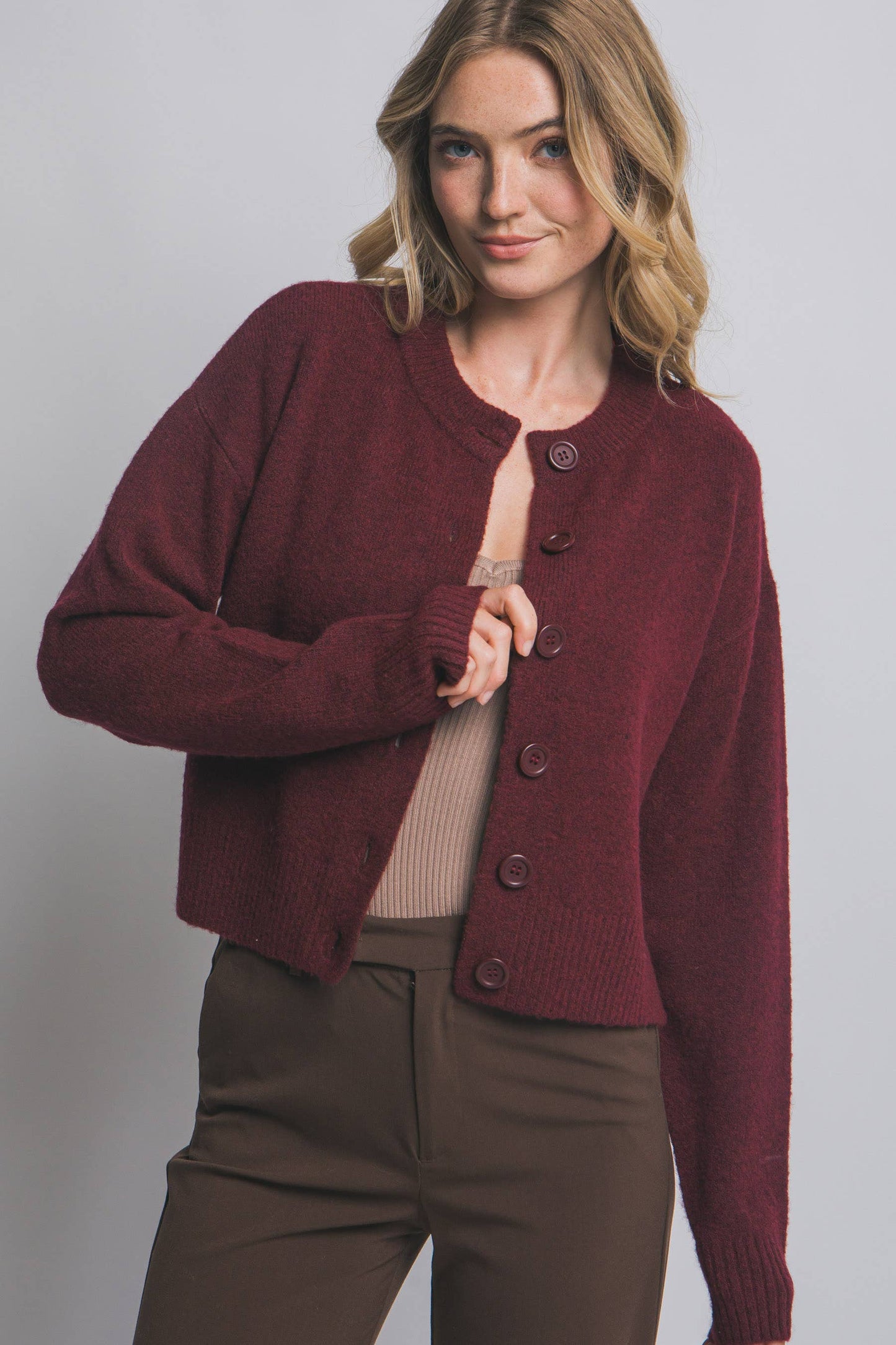 Solid Crew Neck Cardigan