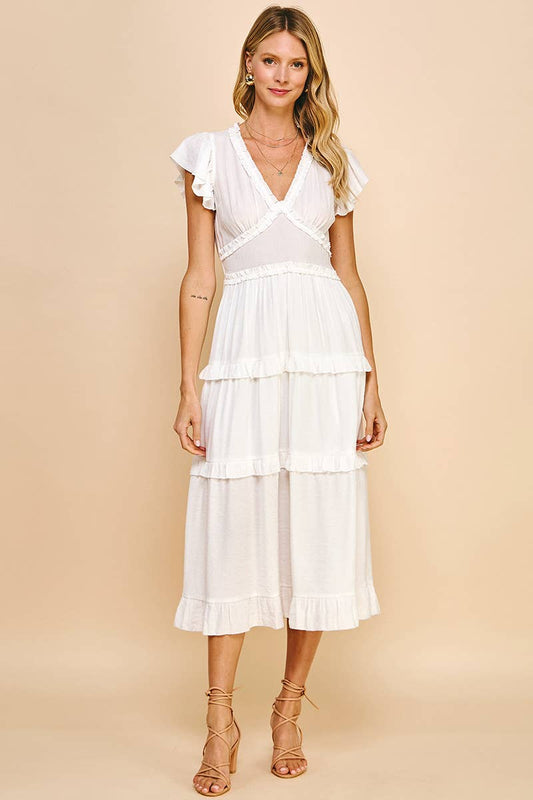 PINCH - RUFFLED TEA LENGTH DRESS - WHITE