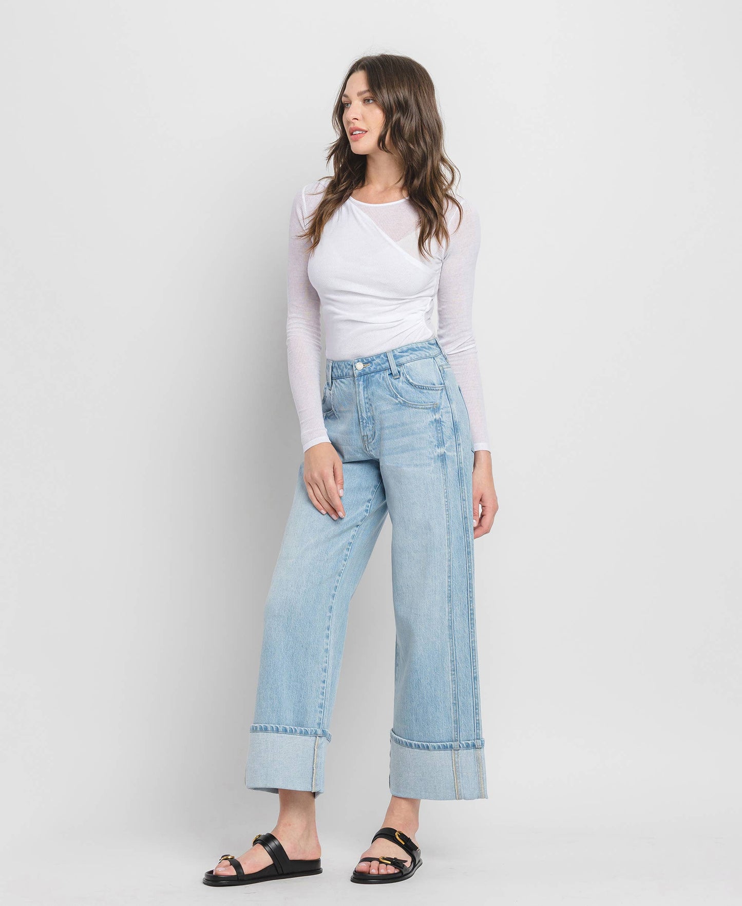 SUPER HIGH RISE CUFFED BAGGY WIDE JEANS BY VERVET by FLYING MONKEY