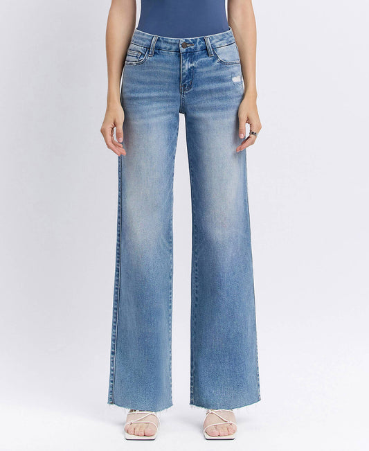 CAROLINA MID RISE CLEAN CUT RAW HEM WIDE JEANS