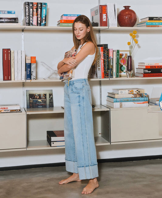 SUPER HIGH RISE CUFFED BAGGY WIDE JEANS BY VERVET by FLYING MONKEY