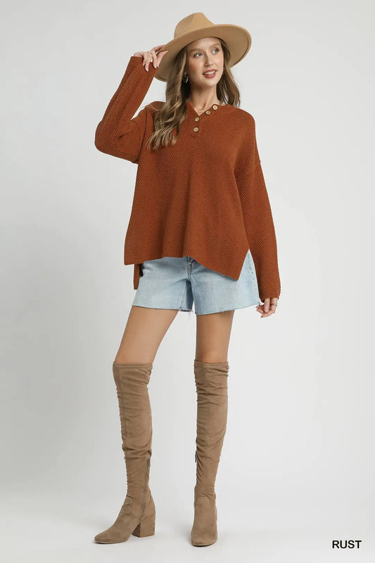 Textured Button Henley Knit Sweater