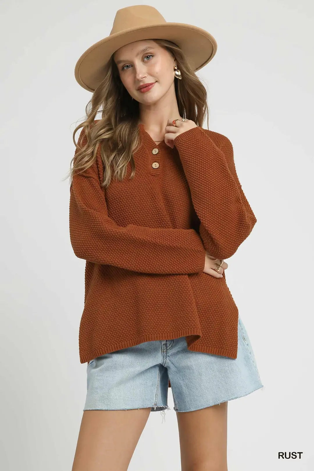 Textured Button Henley Knit Sweater