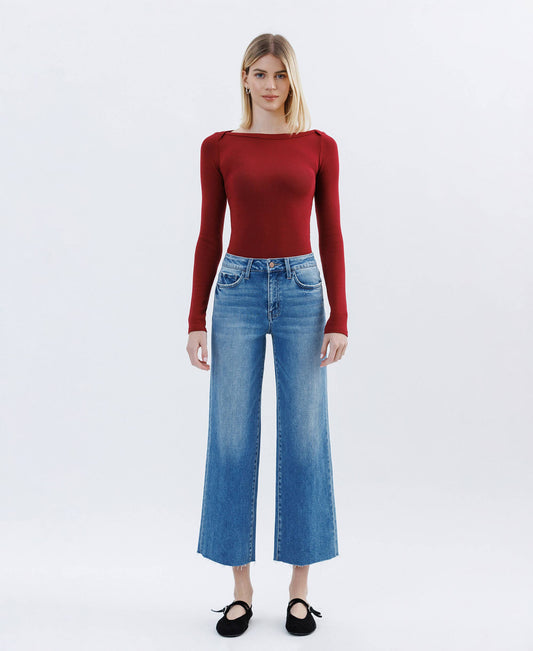 Flying Monkey -Jubilation High Rise Raw Hem Crop Slim Wide Jean