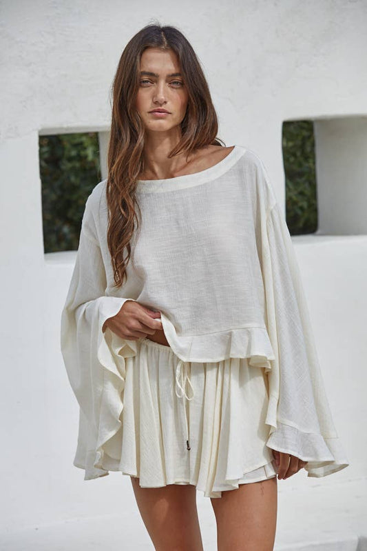 Woven Round Neck Long Sleeve Top