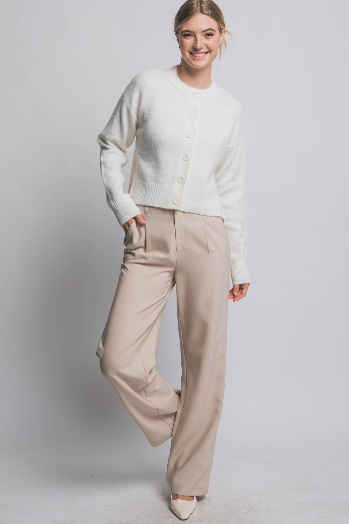 Solid Crew Neck Cardigan