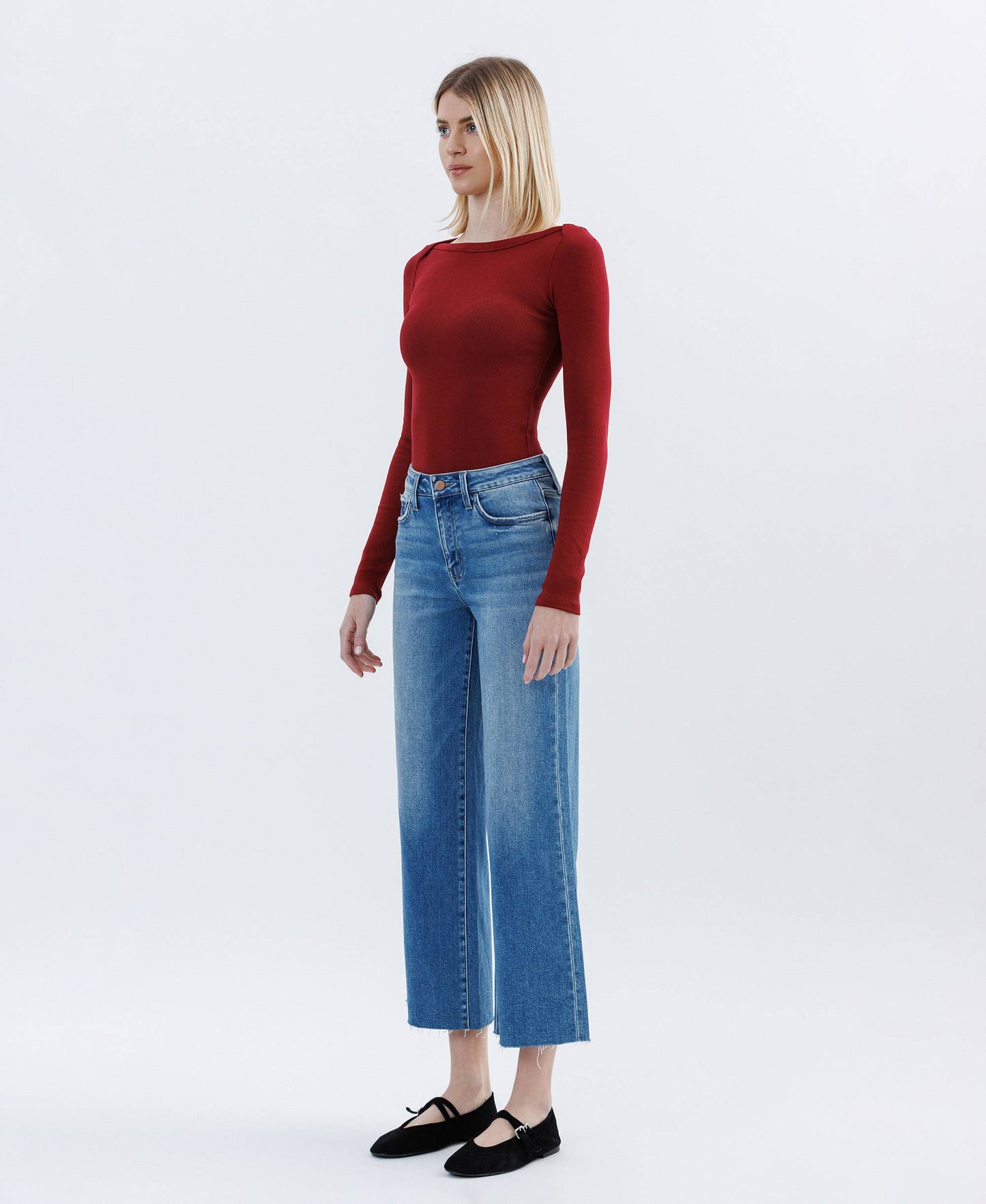 Flying Monkey -Jubilation High Rise Raw Hem Crop Slim Wide Jean