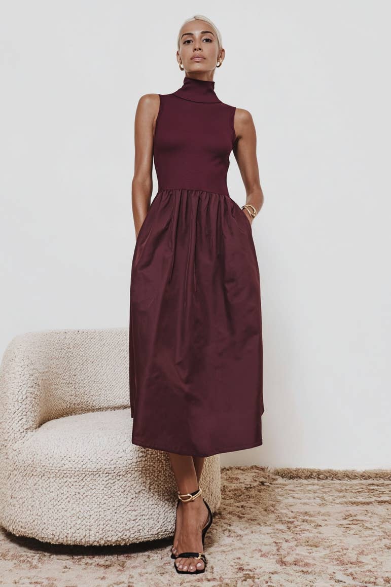 Sleeveless Mock Neck Midi Dress - ZEBRA