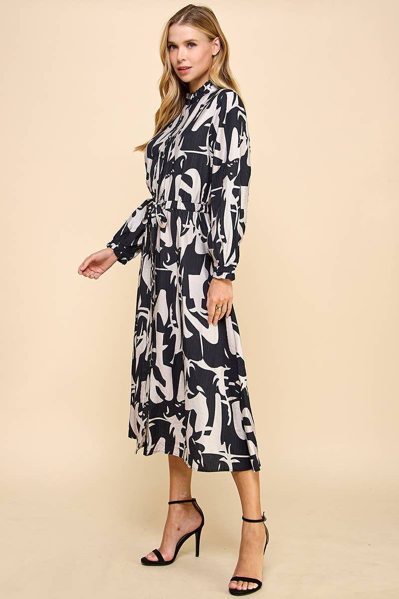 Abstract Print Button Down Midi Dress