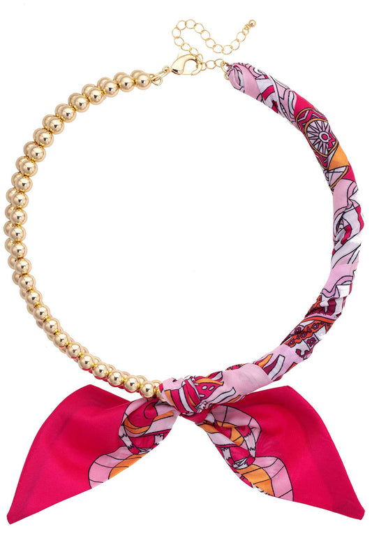Canvas Style - Cassie Ball Bead Scarf Necklace in Fuchsia/Orange/White
