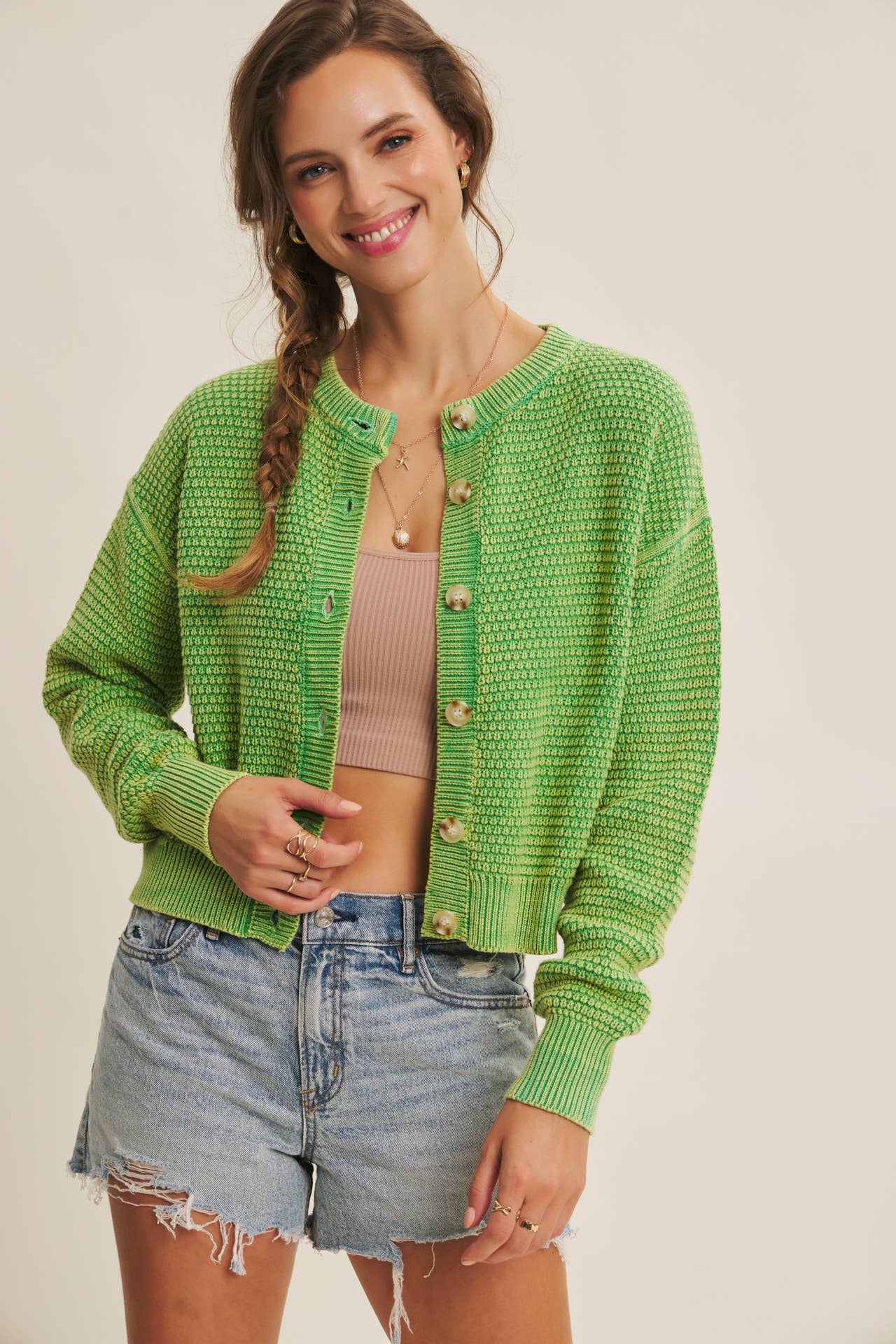 MINERAL-WASHED CABLE KNIT CARDIGAN