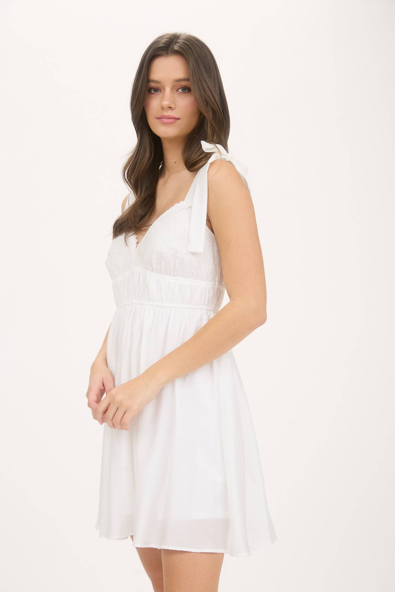 Eyelet Detail Lace Trim Tie Strap Mini Dress