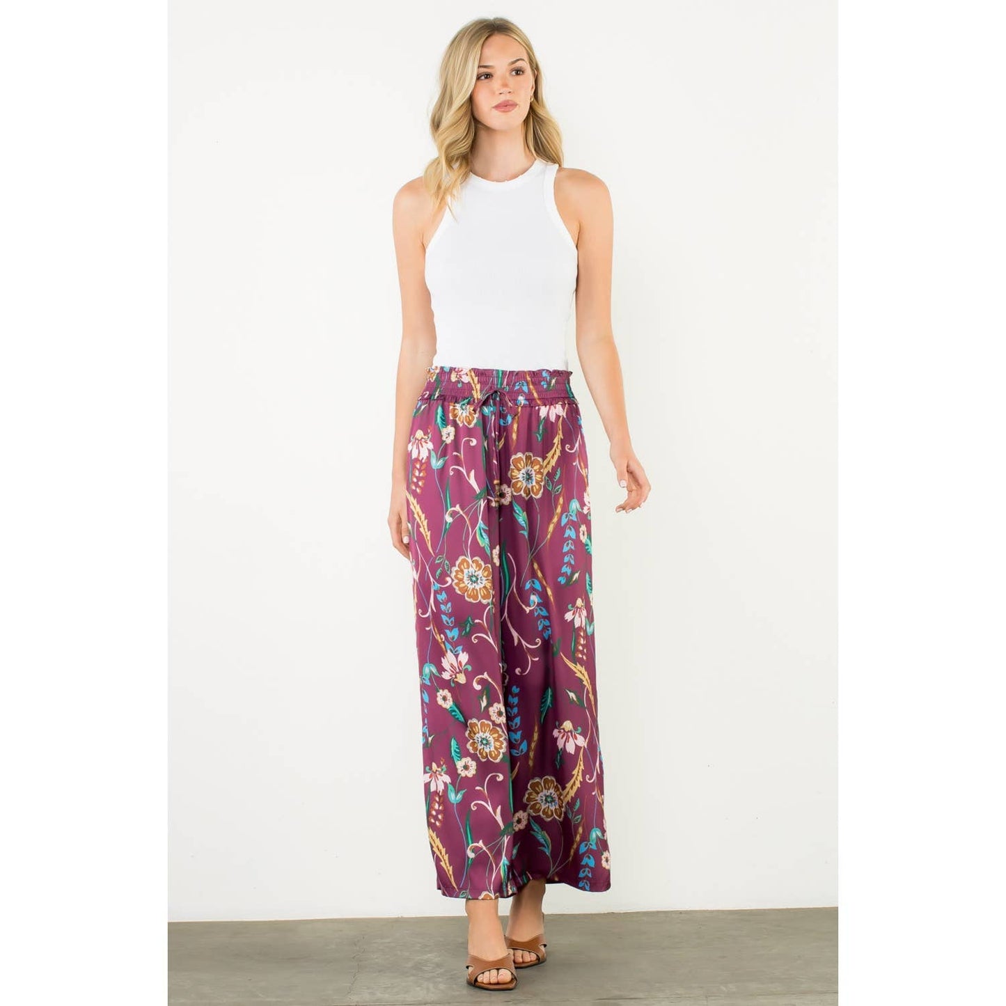 THML - Floral Smocked Waist Wide Leg Pants