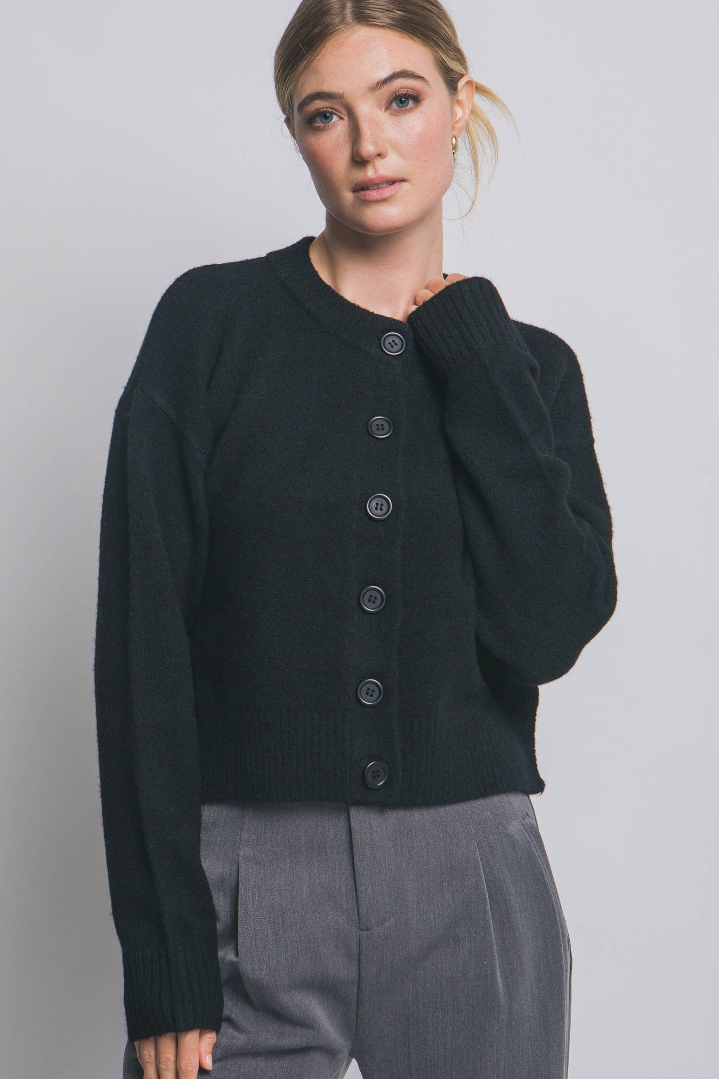 Solid Crew Neck Cardigan
