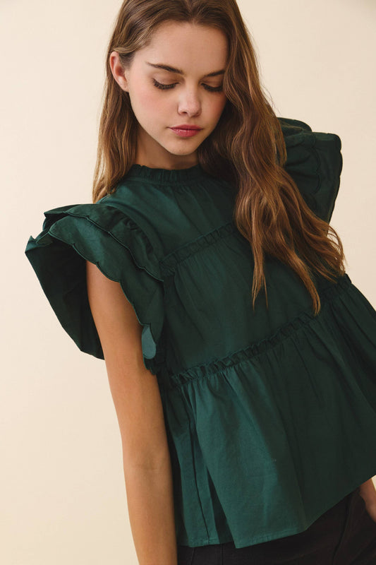 Mildred Dramatic Ruffle Sleeves Detail Tiered Poplin Top