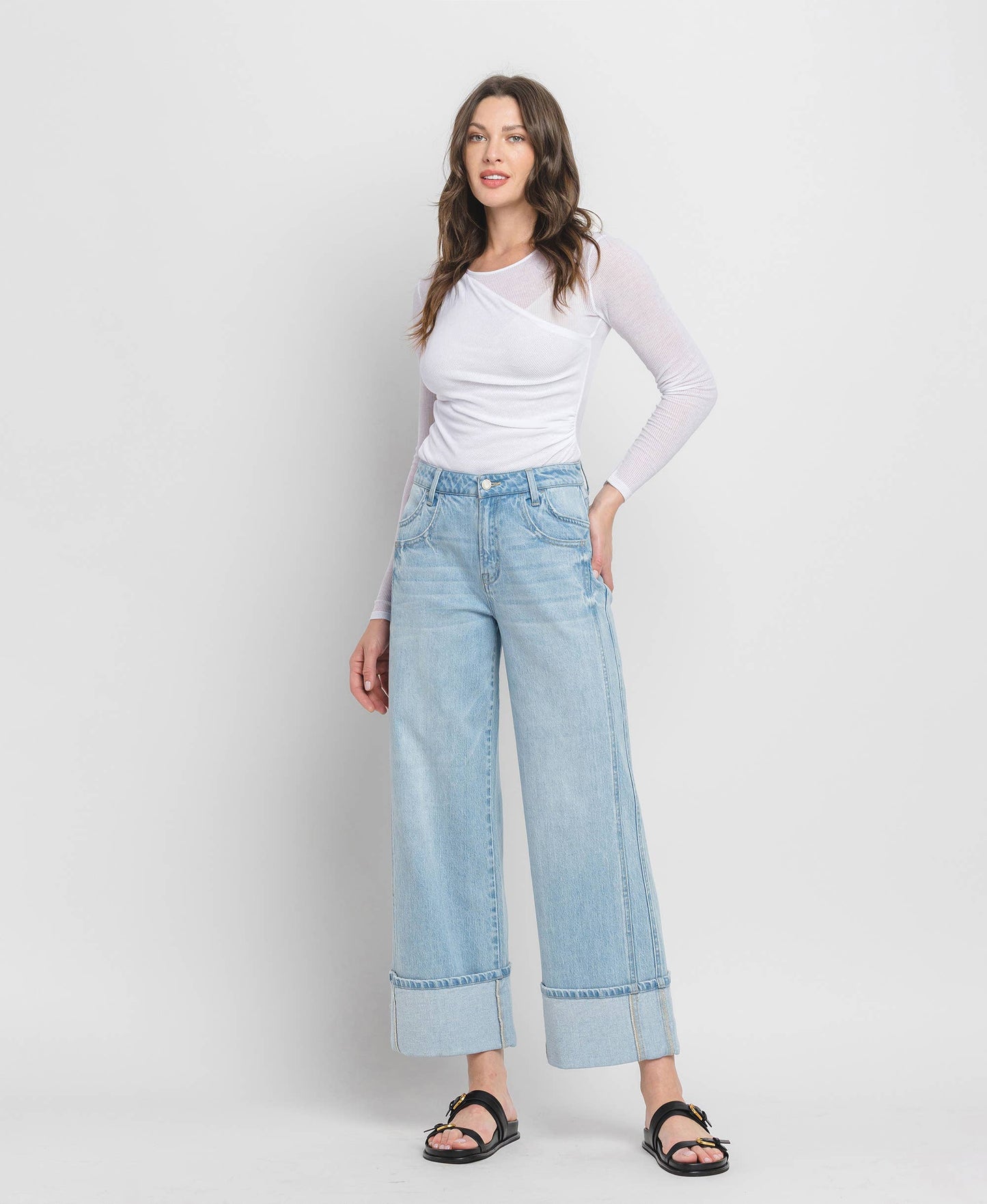 SUPER HIGH RISE CUFFED BAGGY WIDE JEANS BY VERVET by FLYING MONKEY