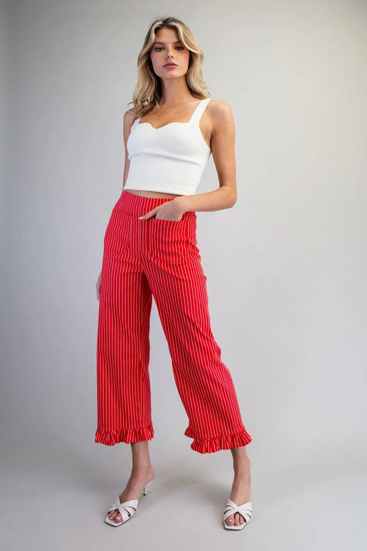 Sarah Straight Leg Striped Ruffled Pant