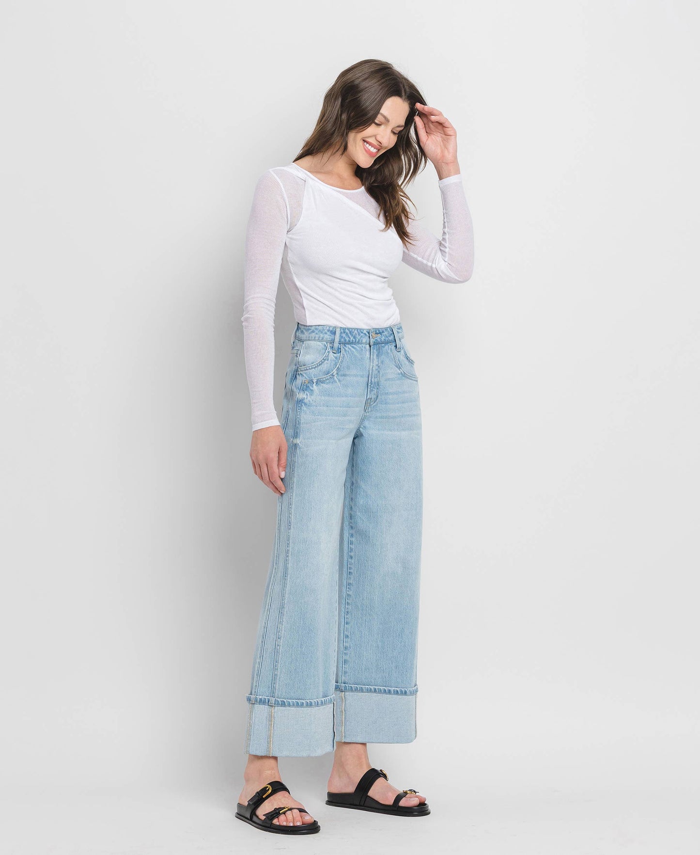 SUPER HIGH RISE CUFFED BAGGY WIDE JEANS BY VERVET by FLYING MONKEY