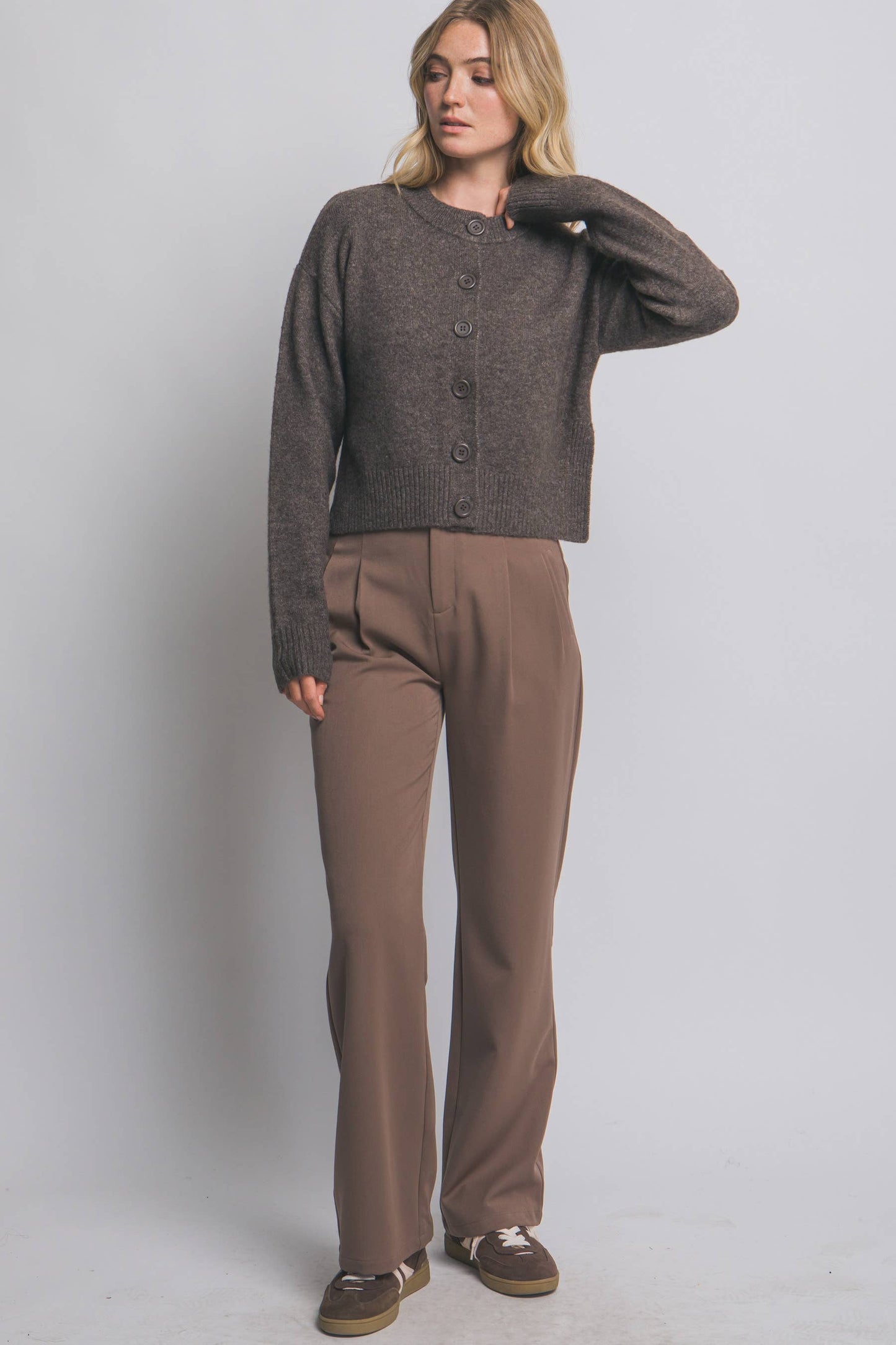 Solid Crew Neck Cardigan