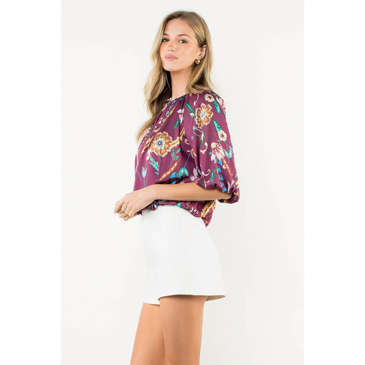 Floral Balloon Sleeve Round Neck Top