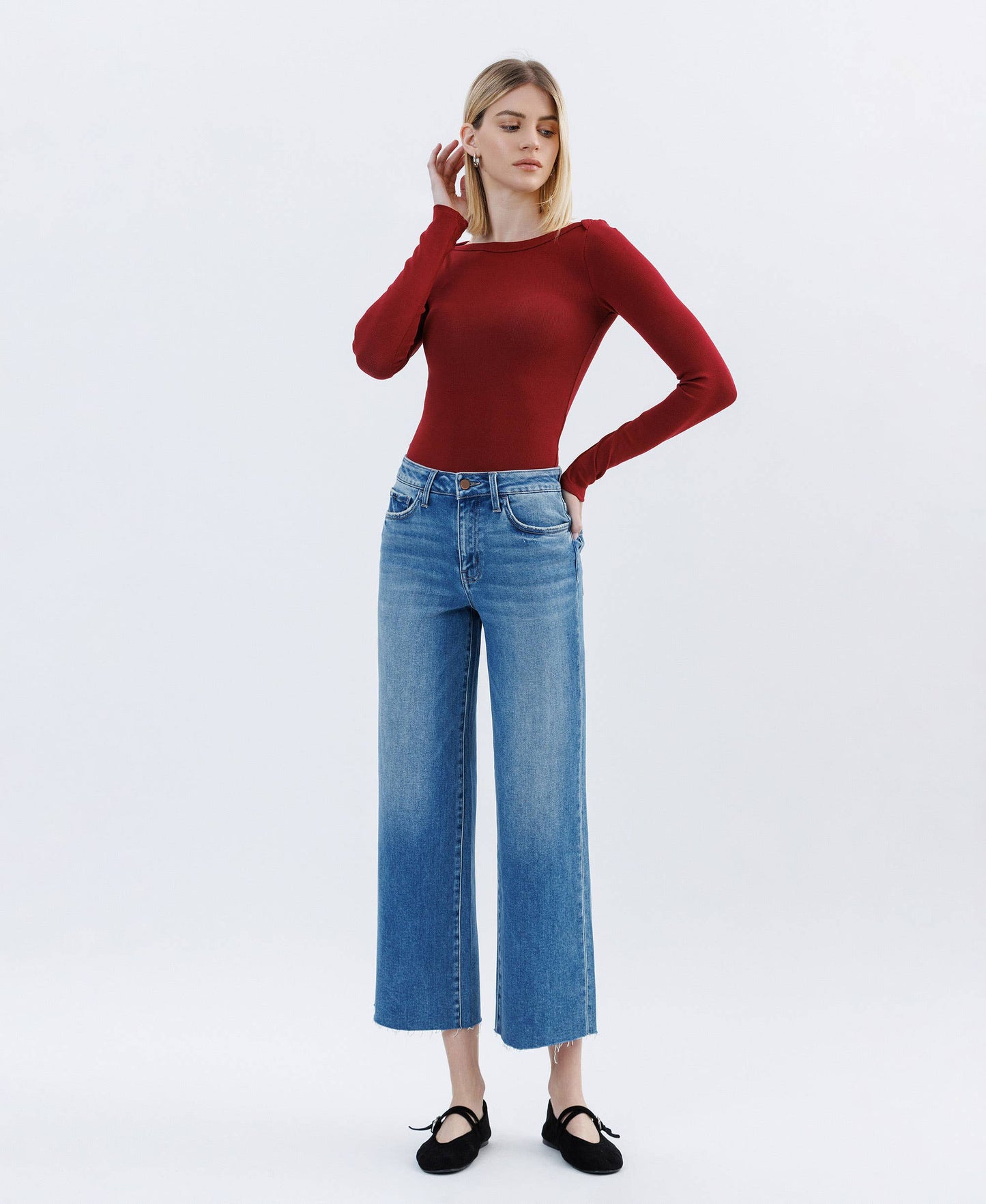 Flying Monkey -Jubilation High Rise Raw Hem Crop Slim Wide Jean