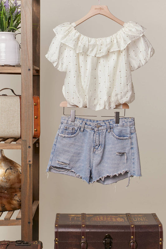 Printed Ruffle Off Shoulder Short Sleeve Top