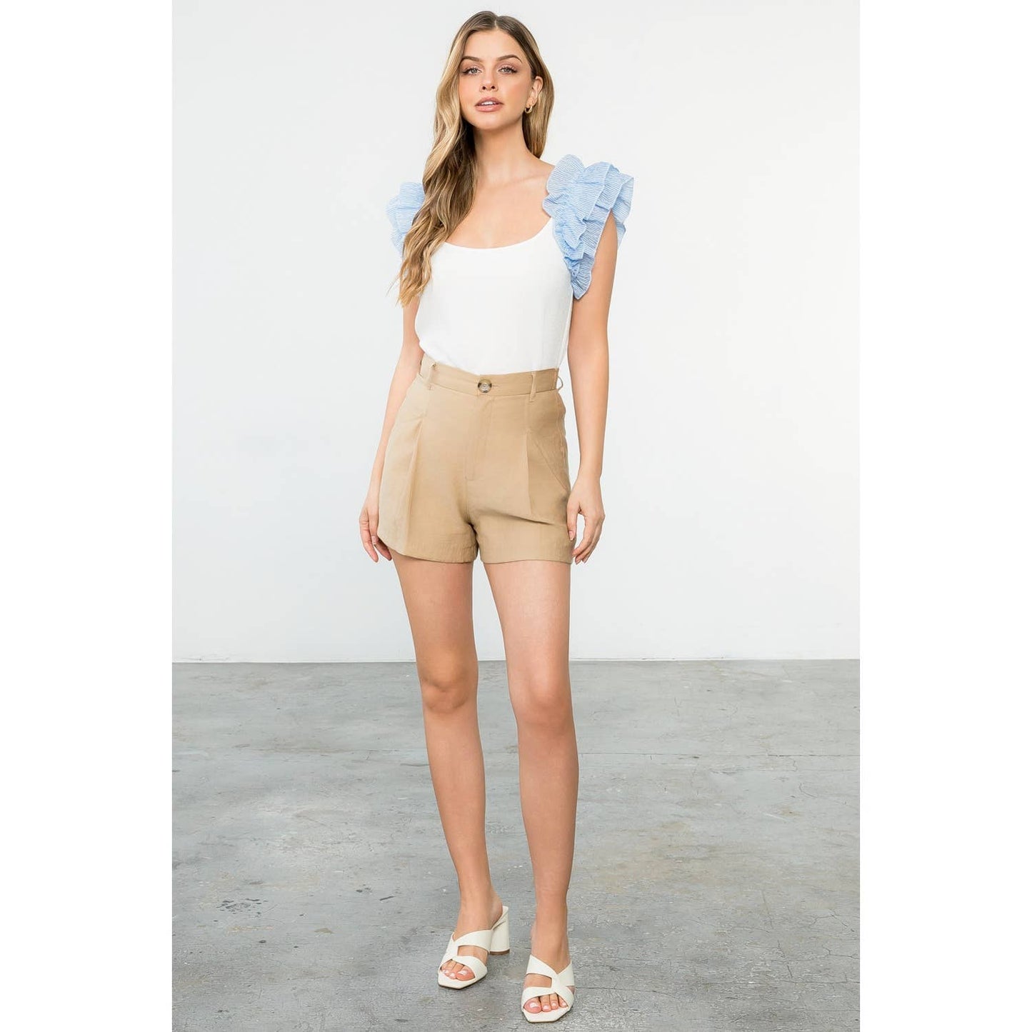 Avalon White Sleeveless Top with Blue Ruffle Stripe Detail