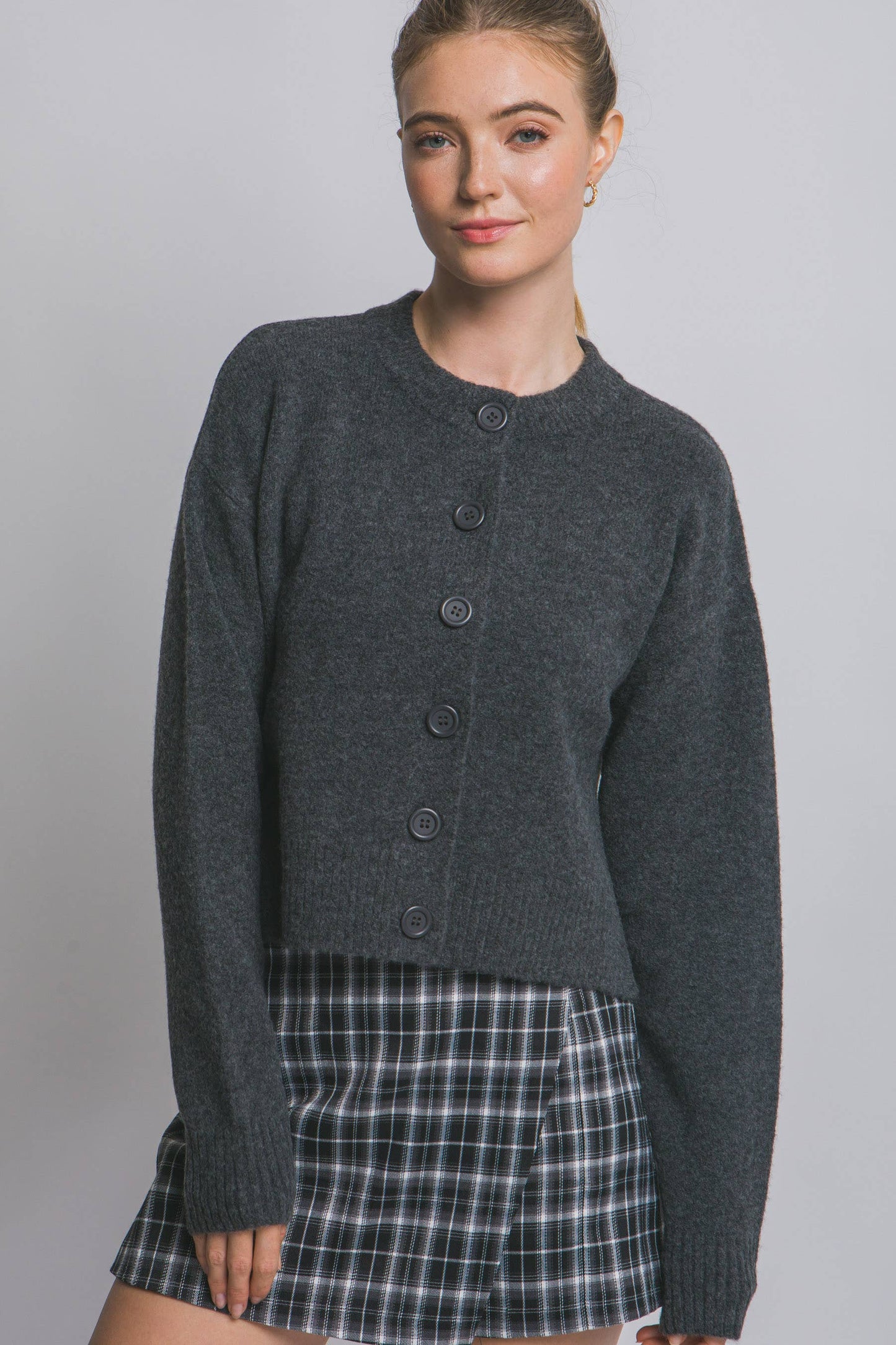 Solid Crew Neck Cardigan