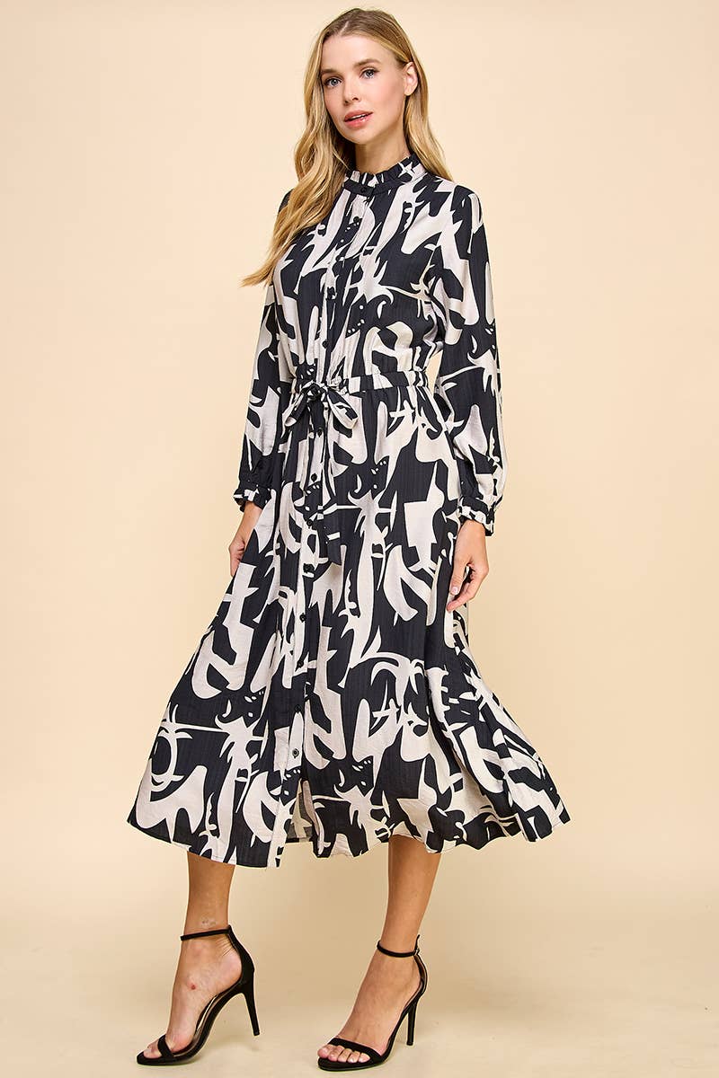 Abstract Print Button Down Midi Dress