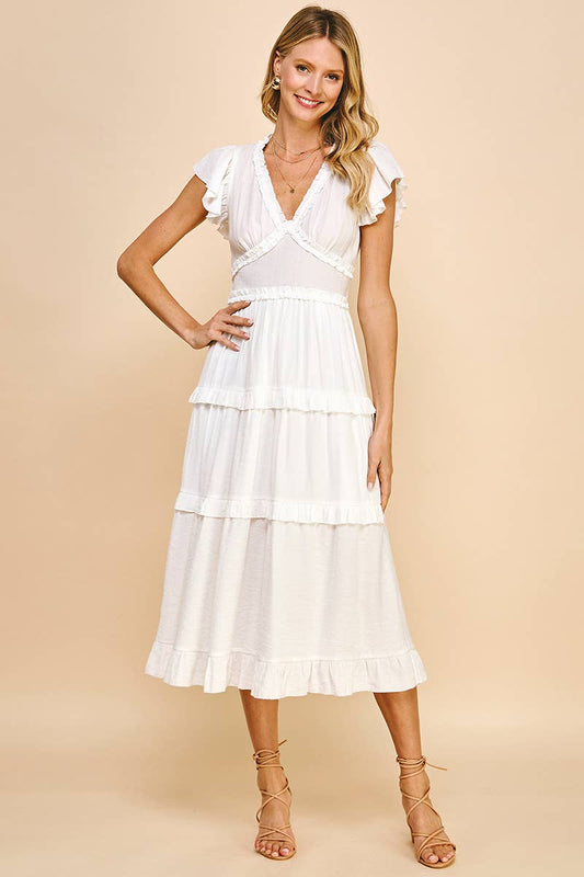 PINCH - RUFFLED TEA LENGTH DRESS - WHITE