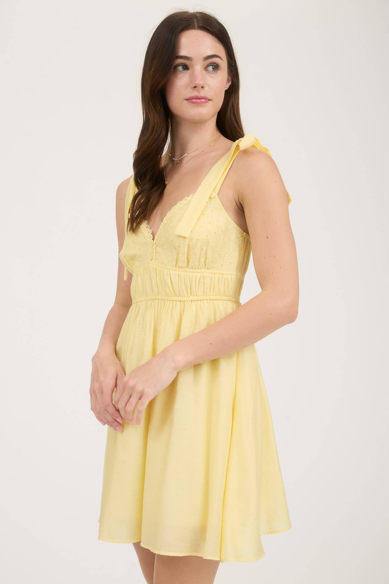 Eyelet Detail Lace Trim Tie Strap Mini Dress