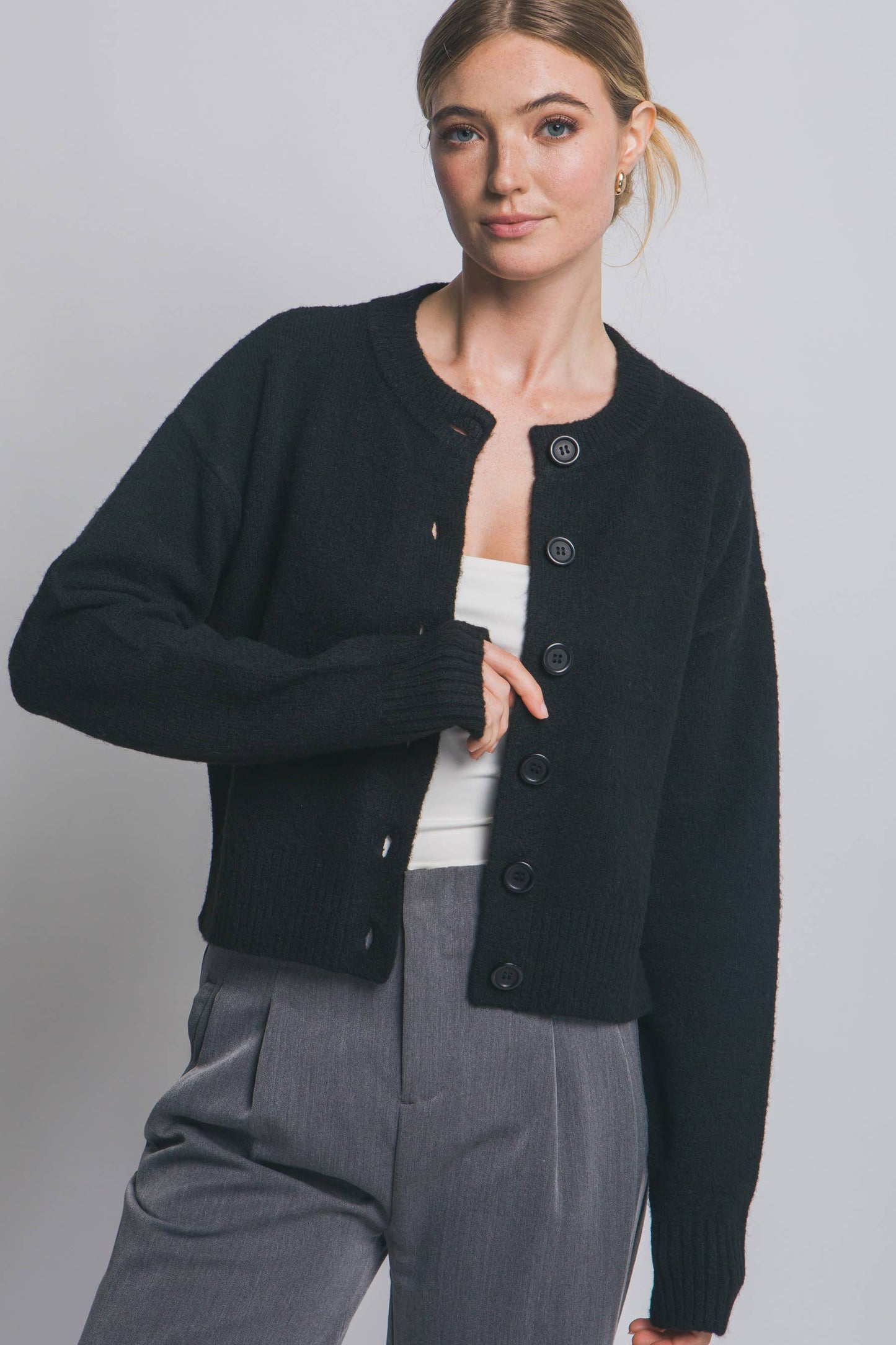 Solid Crew Neck Cardigan