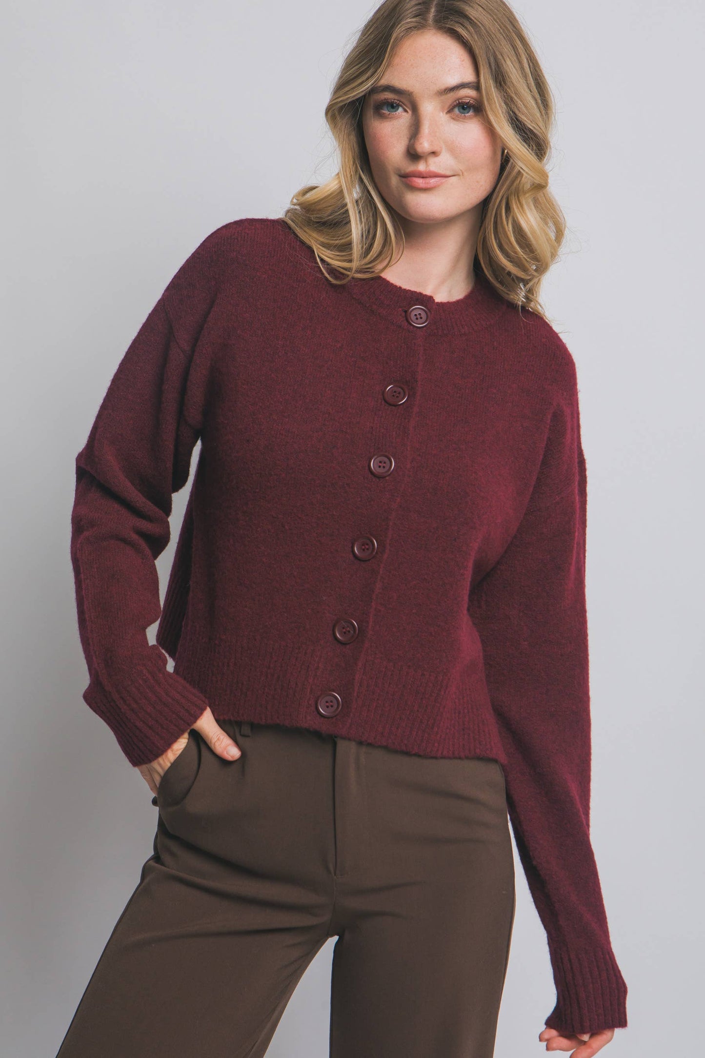 Solid Crew Neck Cardigan